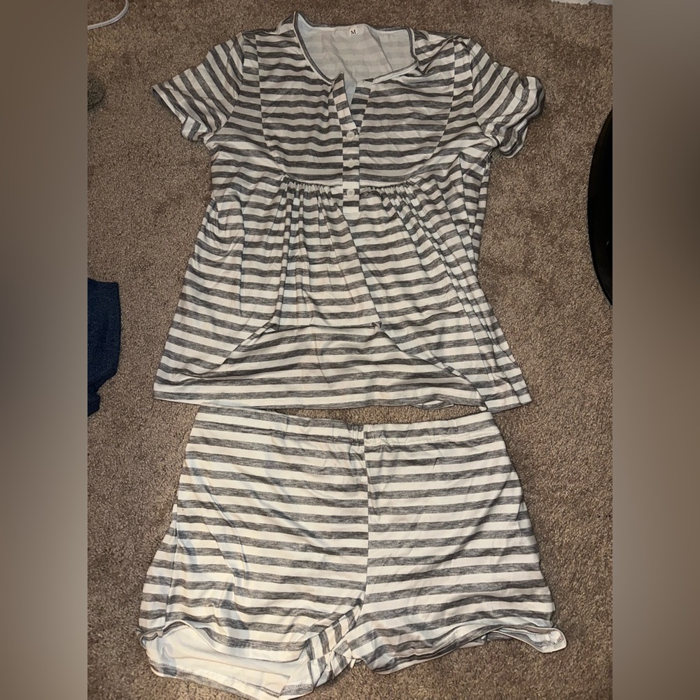 Striped Gray and White Two-Piece Pajama Set